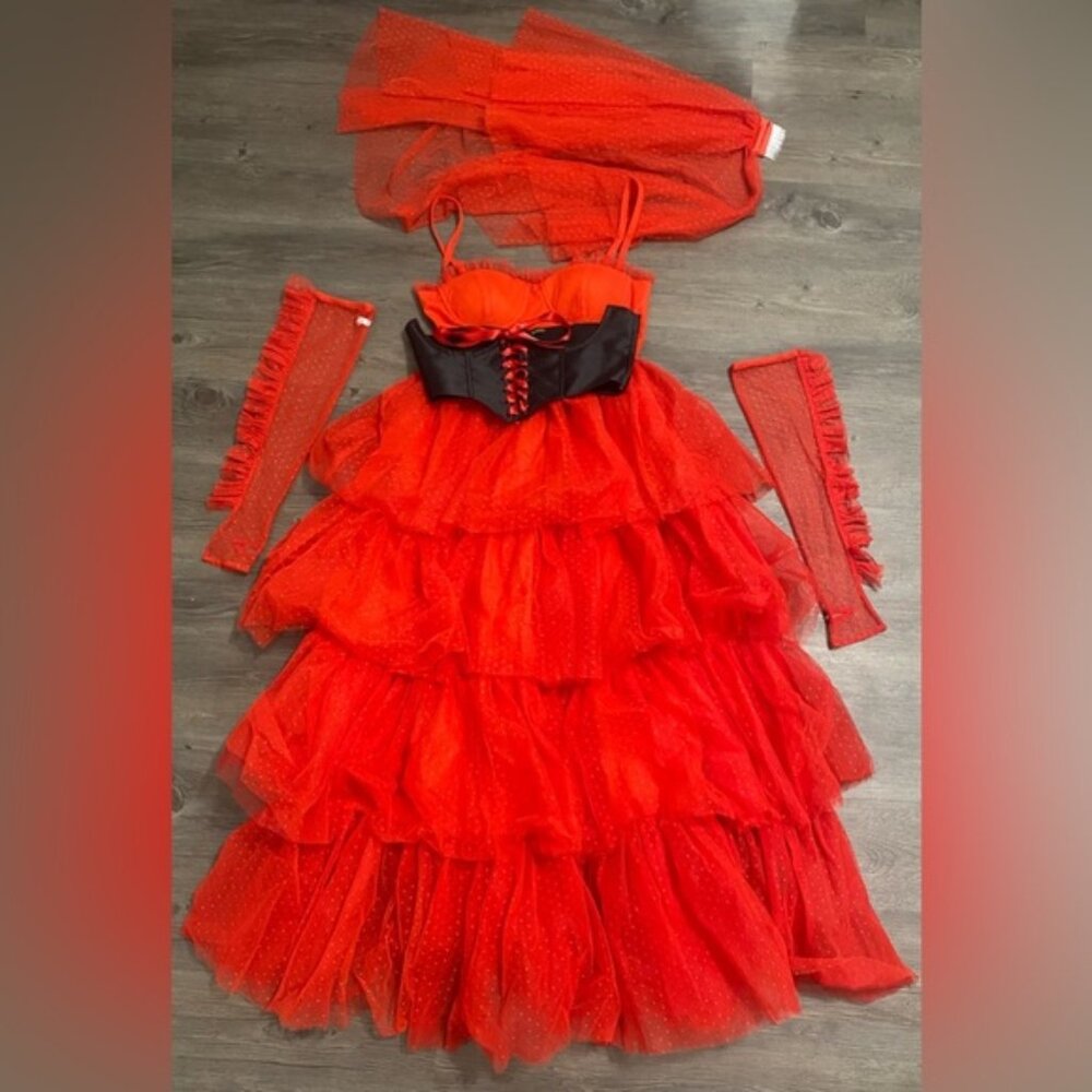 NWT Dolls Kill x Beetlejuice Red Wedding Lydia Tulle Maxi Dress Veil Costume M